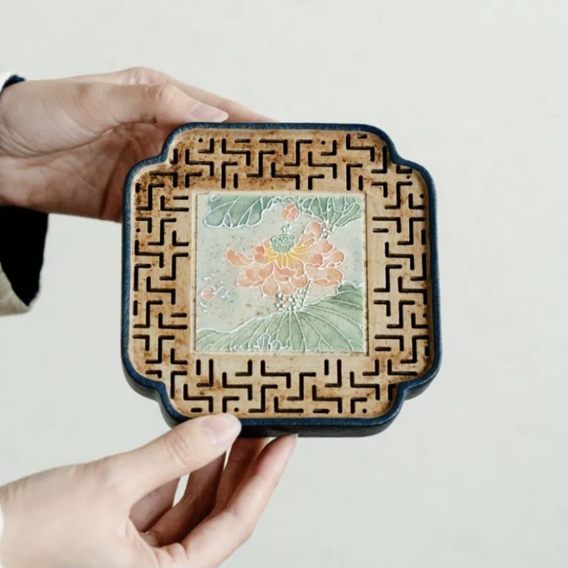 Qinghua Huoshi Red Hand-Painted Lotus Tea Tray-5