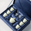 Gift-ready gongfu tea set: dual-color gaiwan, matching cup, and glass fairness pitcher in blue silk box