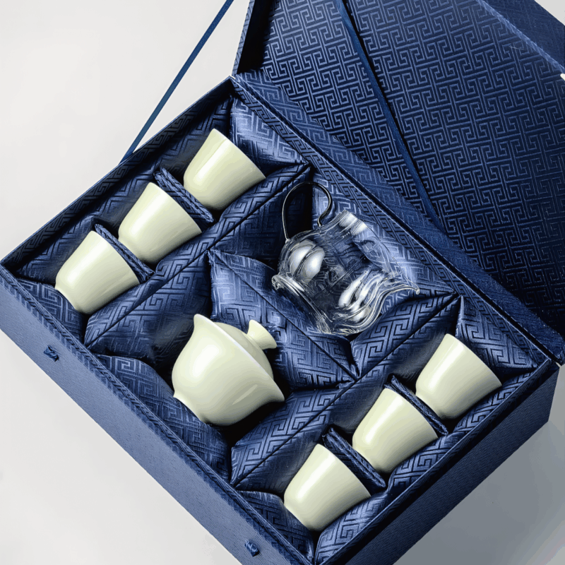 1 (1) Gift-ready gongfu tea set: dual-color gaiwan, matching cup, and glass fairness pitcher in blue silk box
