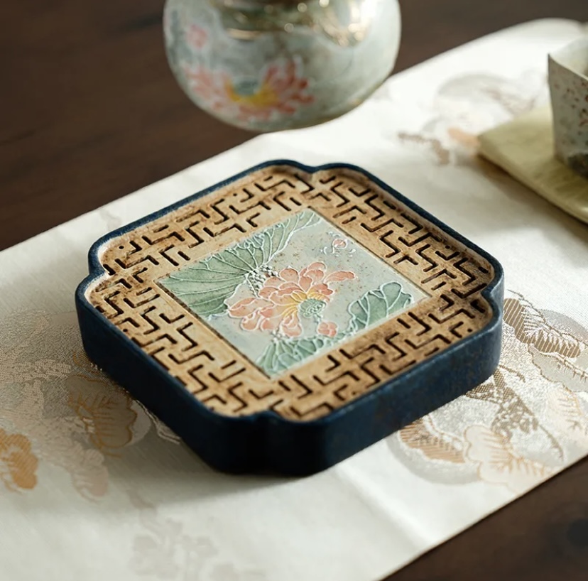 Qinghua Huoshi Red Hand-Painted Lotus Tea Tray-3