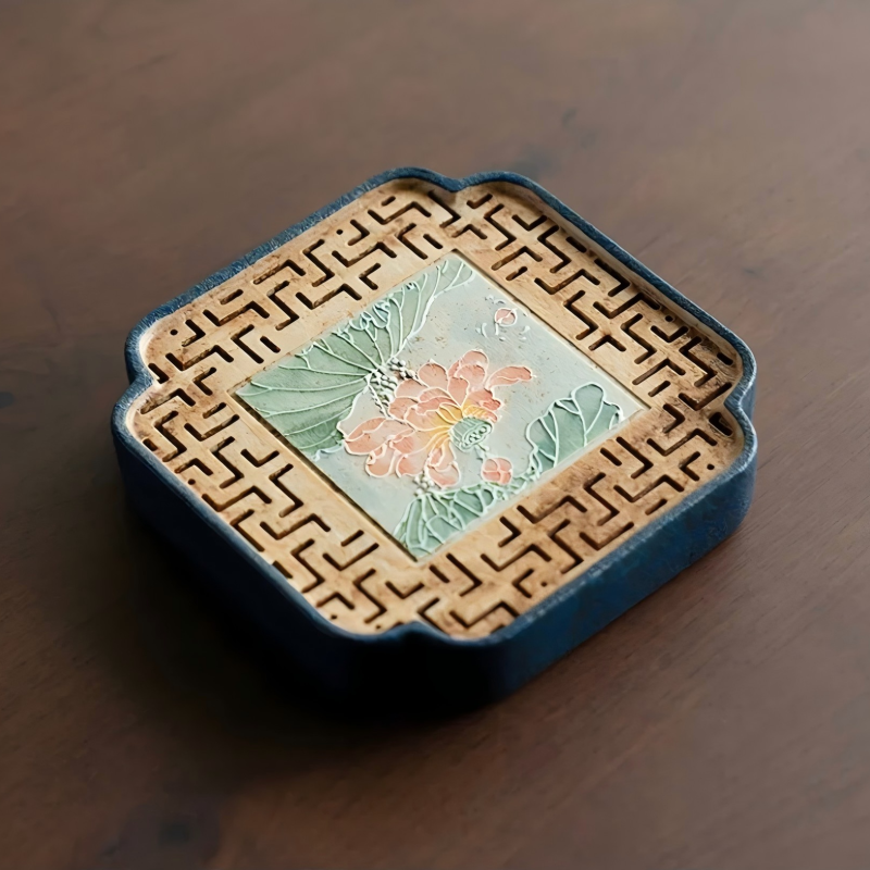 Qinghua Huoshi Red Hand-Painted Lotus Tea Tray