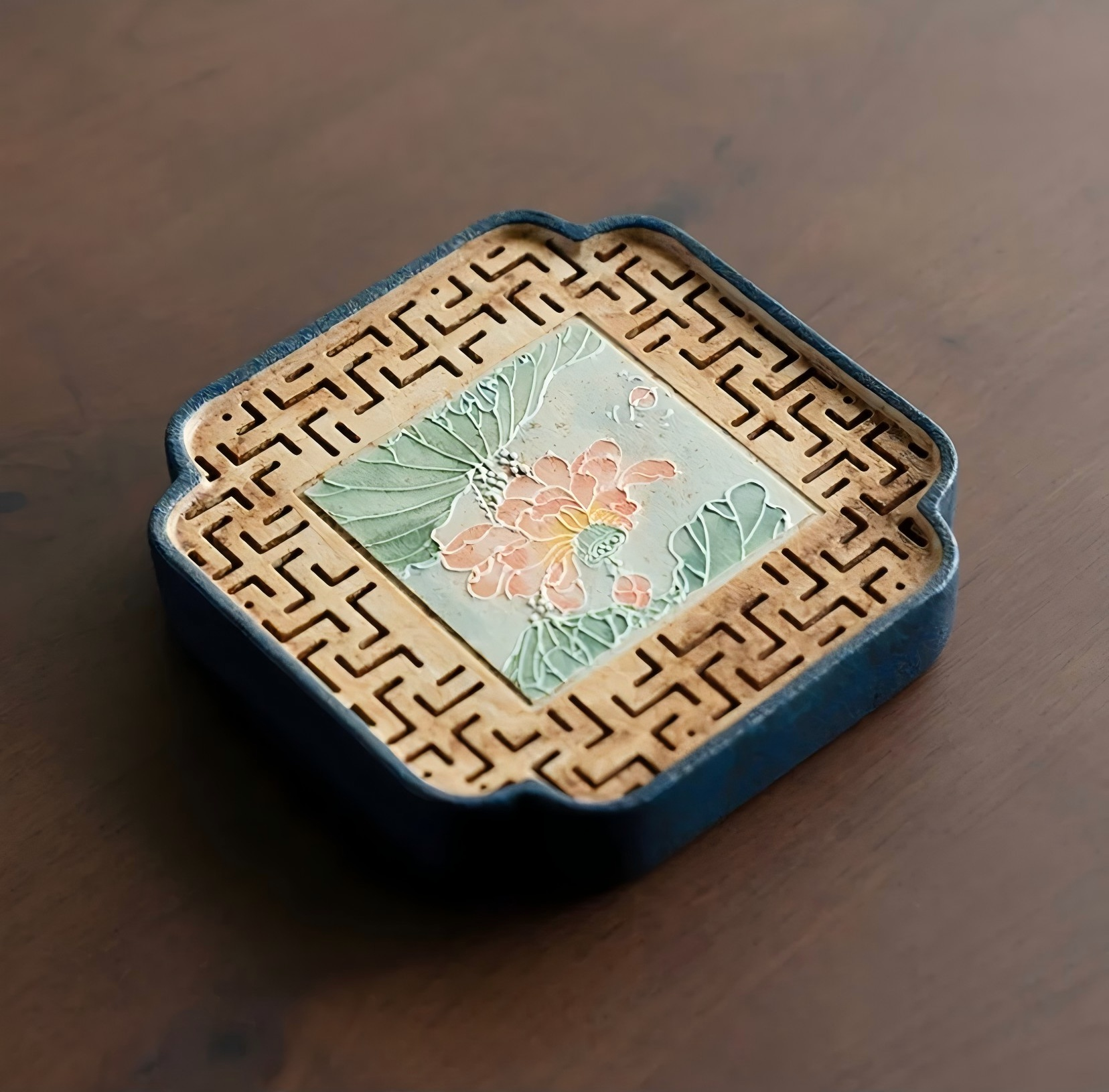 Qinghua Huoshi Red Hand-Painted Lotus Tea Tray