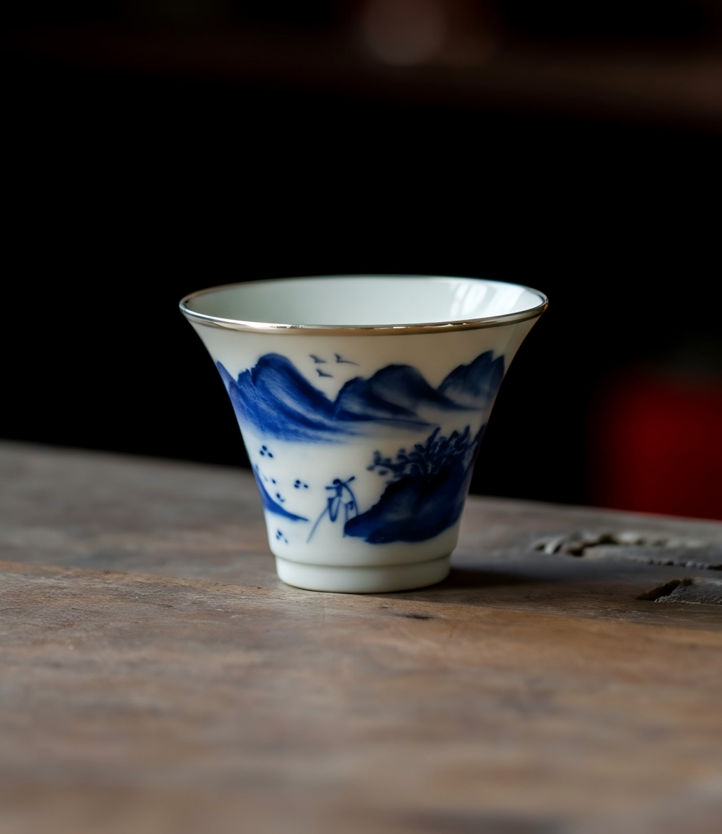 Hand-Painted Blue & White Porcelain Teacup with Silver Trim