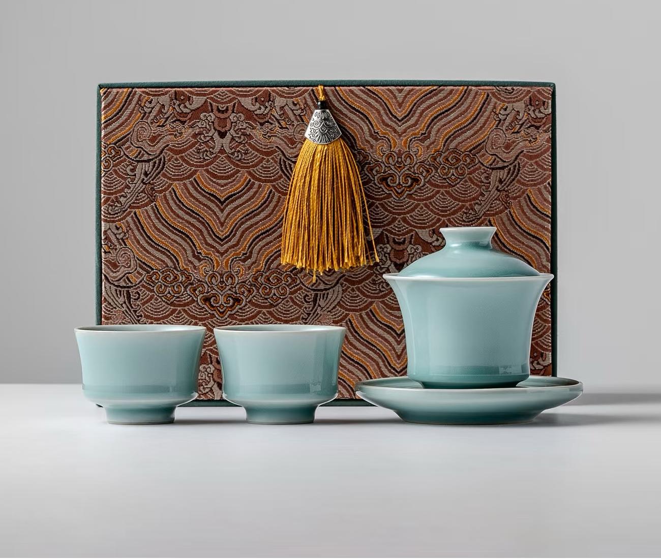 871404420273c9611e02e9c93eba8672 Complete powder blue gaiwan tea set for one - includes lid, bowl, saucer, cup