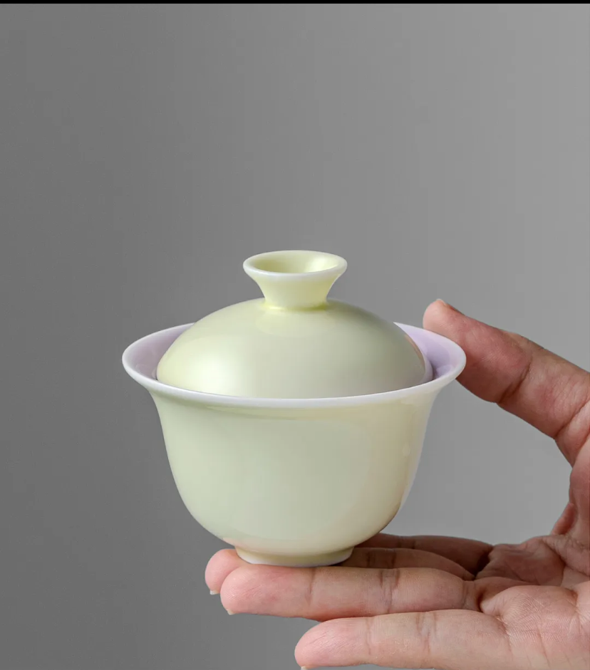 e393e71829d83b72306ecaaafd633fa8 Hand holding compact dual-color gaiwan – perfect for solo kungfu tea sessions