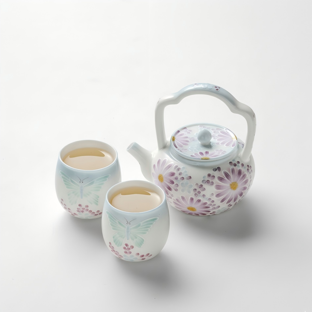 Butterfly & Blossom Hand-Painted Ceramic Teapot Set