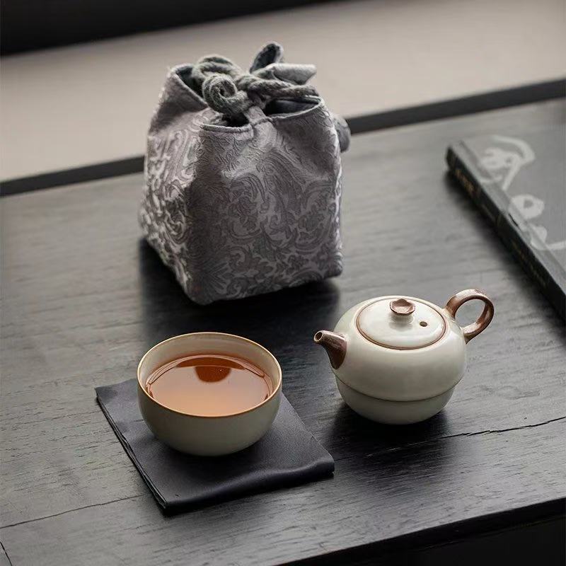 Portable Chinese Tea Set - Ruyin Tea Ceremony Bag in Beige Ru Kiln Style4 Portable Chinese Tea Set - Ruyin Tea Ceremony Bag in Beige Ru Kiln Style4